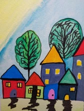 GAT Expressionism Original Painting 4x6  Whimsical Animals Cityscape Home Homes