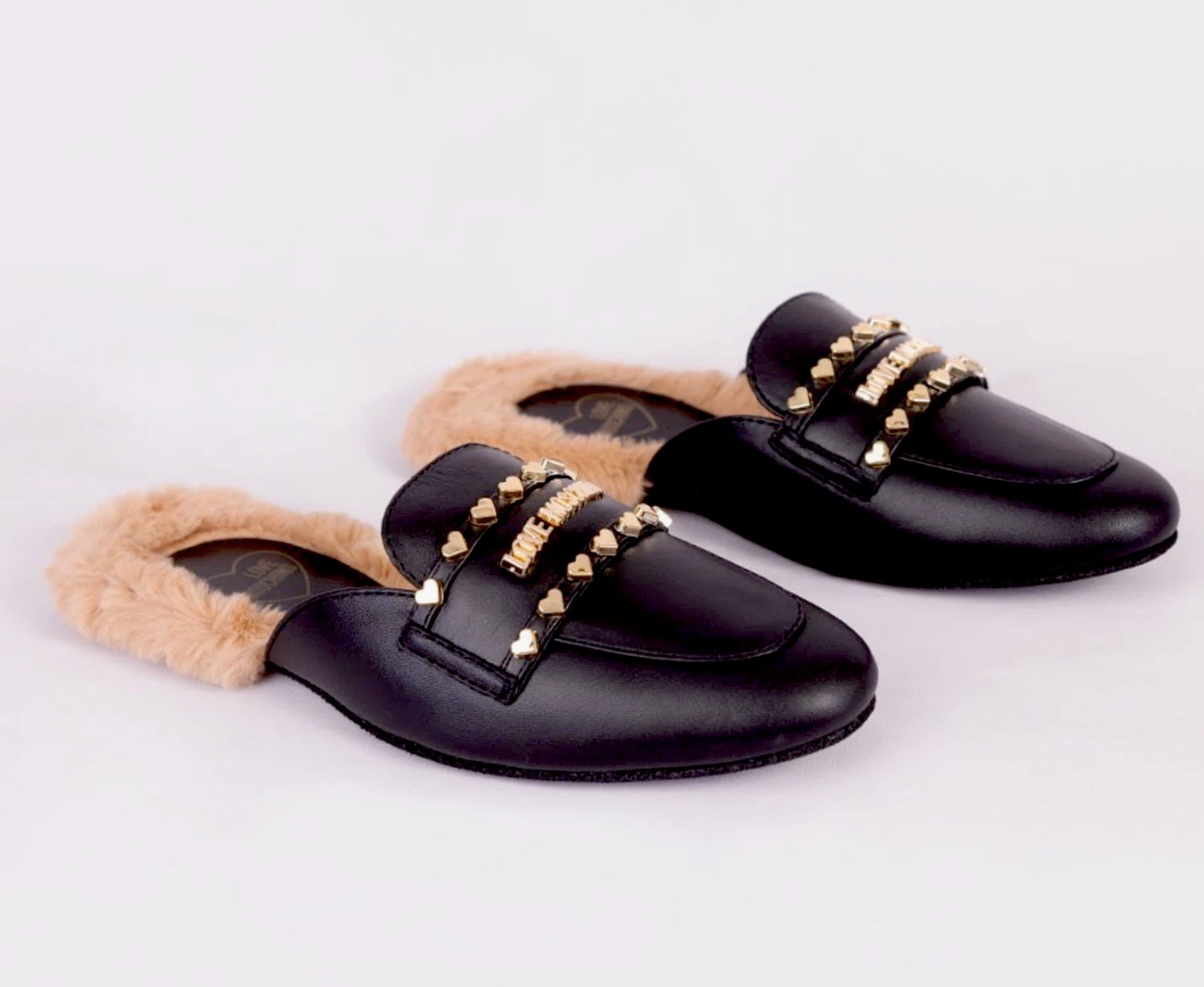 PANTOFOLA D’ORO LOVE MOSCHINO JA10360H1HIE NAPPA Logo Placca Mules Nero Oro UK 7 US 10 EU 40