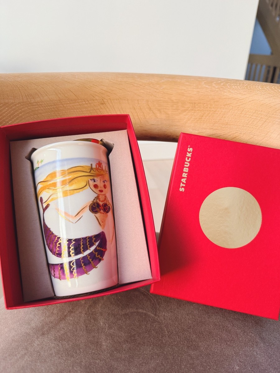 2015 STARBUCKS 12oz SIREN MERMAID TUMBLER TRAVEL COFFEE MUG GOLD CERAMIC LID