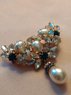 Vintage Austria Faux Pearl Ab & Royal Blue Paste Glass Dropper Brooch Pin Clear