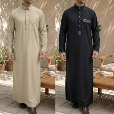 Mens Black khaki Thobe Jubba Saudi Islamic Arab Muslim Eid Kaftan Jubbah Robe
