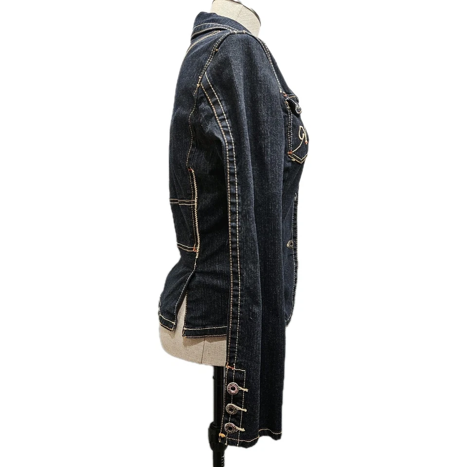 RocaWear Denim Jean Jacket Womens Large Blue Dark Wash Fitted Contoured Biker - Image 2 of 4