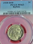 1938 d/d buffalo nickel Pcgs Ms63