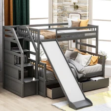 Twin Over Full Bunk Beds w/ 2 Drawers,Slide,Storage Cabinet Teens Bed White/Gray
