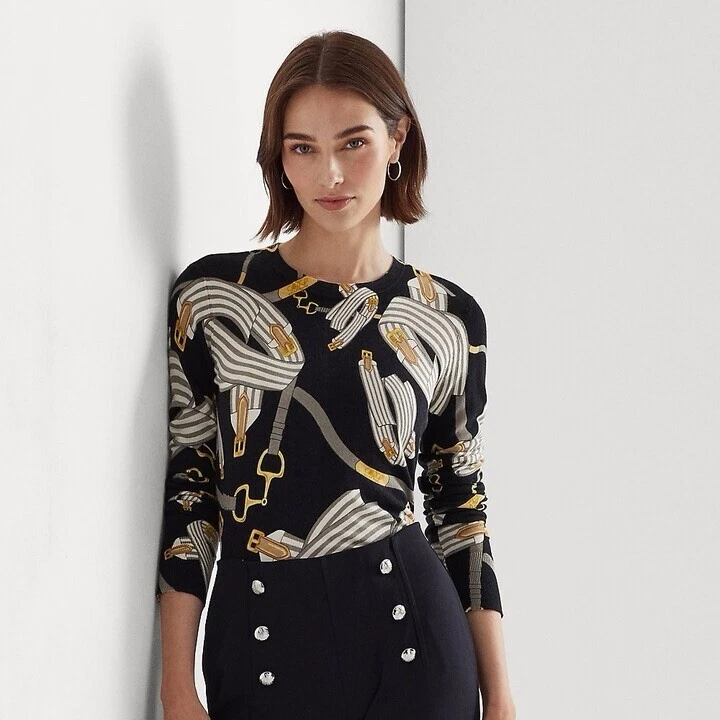 Ralph Lauren Black Label Belting Print Cotton Blend Sweater Black Quiet Luxe XS