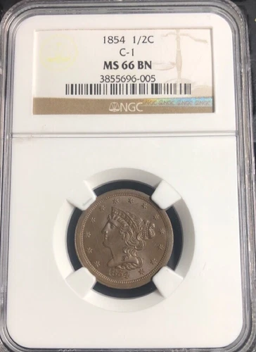 1854 BRAIDED HAIR HALF CENT NGC MS66 BEAUTIFUL HIGH GRADE EARLY COPPER COIN