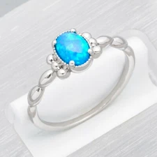 5x7 Oval Ocean Blue Fire Opal Silver Jewelry Women Solitaire Ring SZ 6 7 8 9 10