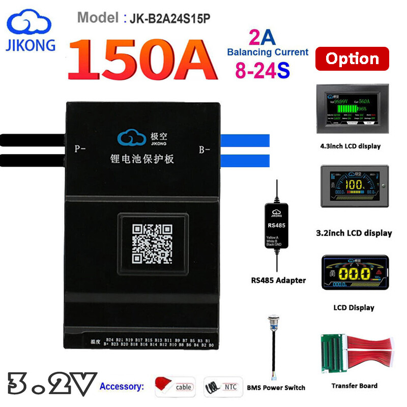 JK Smart BMS 150A 8S-24S for Li-ion LiFePo4 with 2A Active Balancer BT RS485 LCD