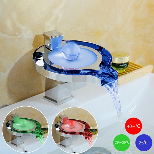 Chrome Glass Bathroom Glass Spout Basin Faucet LED 3 Color Spout Sink Mixer Tap - Picture 2 of 11