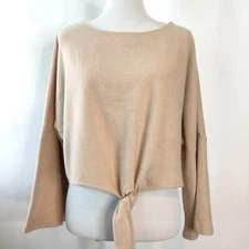 Grade Gather Womens Beige Tie Front Soft Cropped  Boho Lagenlook Top Size Small