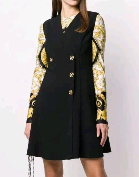 Abito smanicato nero VERSACE con bottoni Medusa oro taglia SMALL
