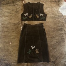 Vintage Leather Vest Skirt Set Embroidered Butterfly Western Cowgirl Bolero