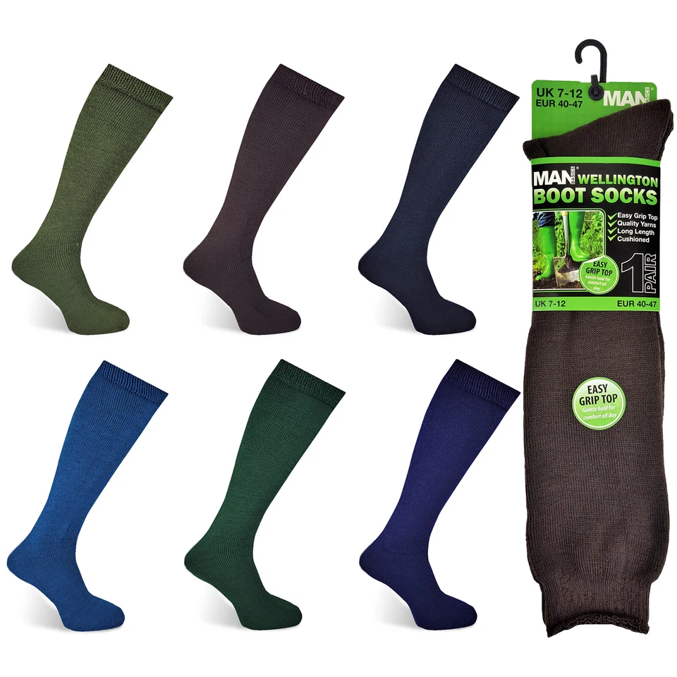 MENS WELLINGTON BOOT SOCKS LONG LENGTH CUSHIONED CAMPING GARDENING SIZE UK 7-12