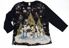 Jess & Jane Shirt Womens 1X Plus Black Pullover Beaded Snowmen Graphic