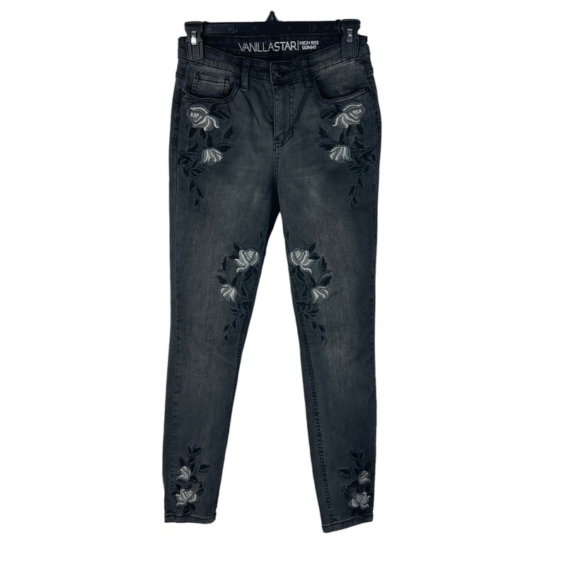 Vanilla Star Juniors SZ 5 High-Rise Skinny Jeans Stretch Floral Embroidered Gray