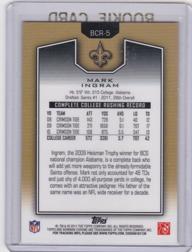 Mark Ingram SAINTS Bowman Chrome NFL RC Alabama Crimson Tide ROOKIE CARD - 第 2/2 張圖片