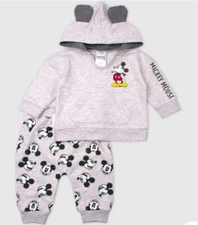 Disney Baby 0-3 Months Mickey Mouse Gray Hoodie w/Ears and Jogger Pants Set NEW 