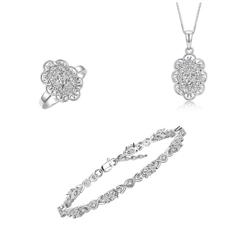 RYLOS 14K White Gold Princess Diana-Inspired Jewelry Set Ring & Necklace Match - Picture 35 of 35