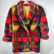 Regal Plush Collection Bright Tribal Print Coat Acrylic Boho Aztec Sz M 1980s