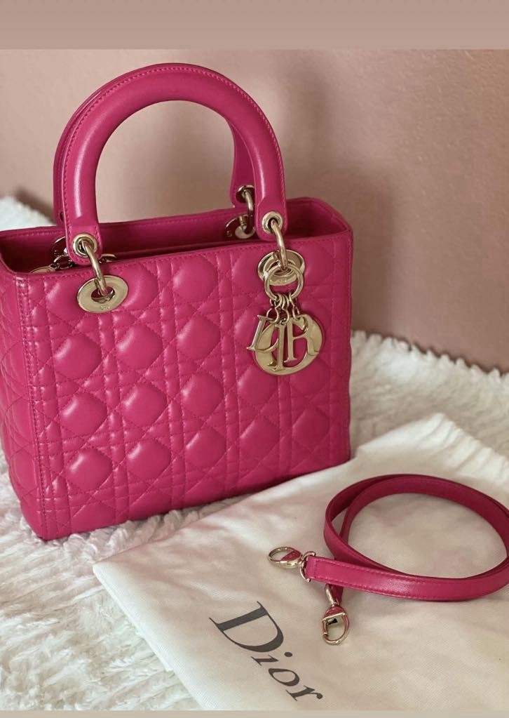 Dior Lady Dior Medium Shoulder Bag in Pink Leather with Beige Interior  