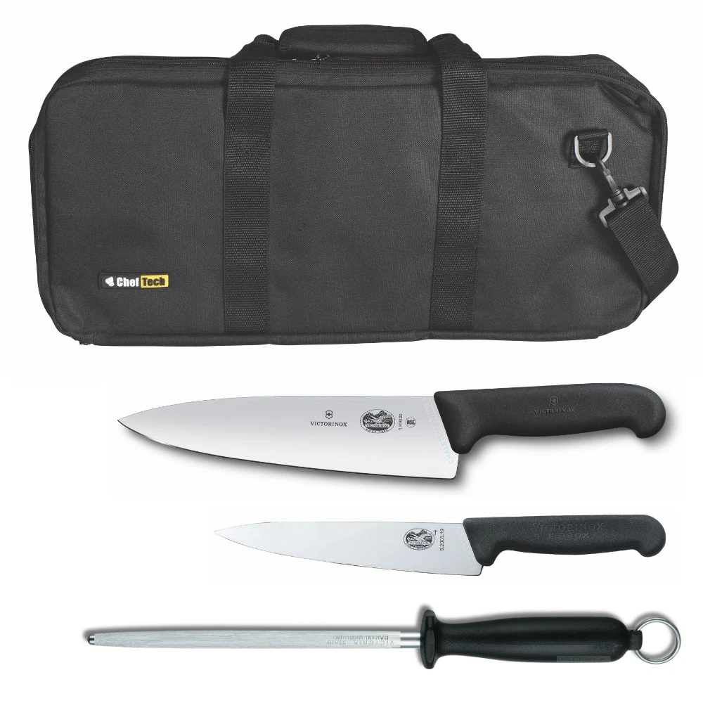 4pc Chef Starter Knife Set Black Bag & Victorinox 15cm Cook & 20cm Knives & Stee