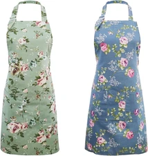 Kitchen Aprons for Women, 2 Pack Floral Aprons with 2 Pockets, Vintage Chef Bake
