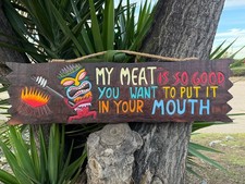 Funny BBQ Meat Grill Wooden Sign Tiki Bar  39...