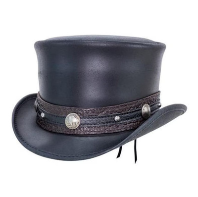 Black Leather Top Hat Bull Nickle Band Victorian Steampunk Gothic Handcrafted
