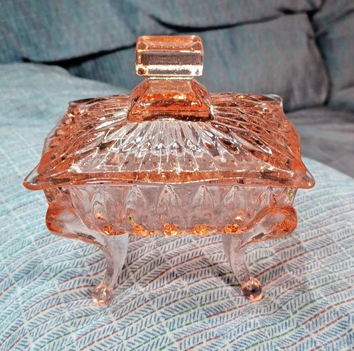 Vintage Pink Depression Glass Candy Trinket Dish Trinket Box & Lid 5”x 3.5”x 5”