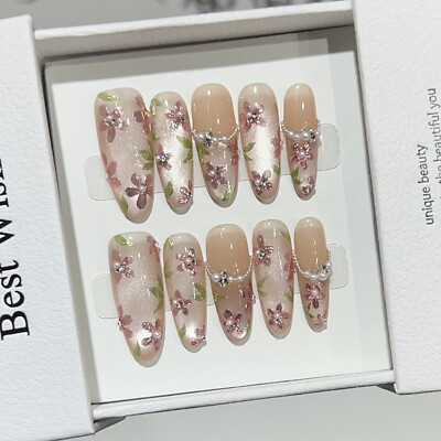 Handmade Nude Cat Eye Hand-Painted Flower False Nail Long Almond Press On Nail