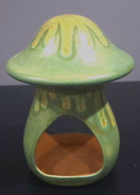 Vtg Ceramic Mushroom studio art pottery 7'' green yellow crystalline DECOR CANDLE