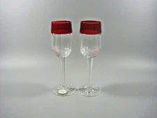 AJKA RUBY RED CASED CUT TO CLEAR LEAD CRYSTAL CORDIAL GLASS SET OF 2 (P217)