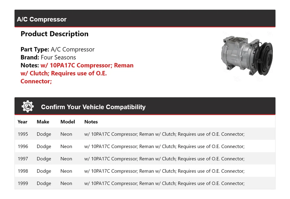 Compresor de aire acondicionado Dodge Neon 1995-1999 4 estaciones 1996 1997 1998 Foto 2 de 4