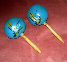 TWO Hand Made Mexican Maracas  Musical Gourds  Pair Rumba Shakers  Aqua Blue