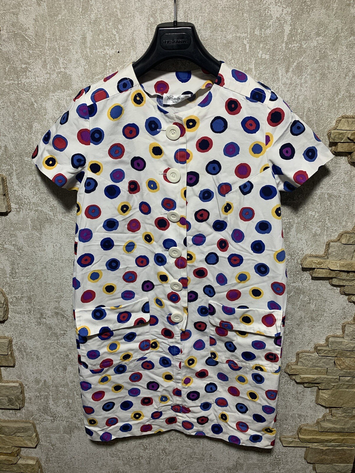 Abito Vintage Yves Saint Laurent Variazione Bianco Multicolore Stampa a Polka