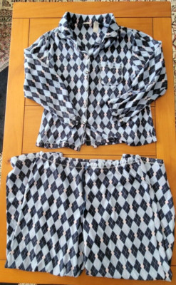 Adonna Long Sleeve 2 Pc Soft Poly Pajamas Set XL Blue Argyle Diamond Shirt Pants