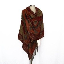 Hand-Woven Double-Sided Wrap Shawl w Floral Design  Sparkly Silver Tread Accent