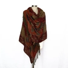 Hand-Woven Double-Sided Wrap Shawl w Floral Design & Sparkly Silver Tread Accent