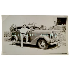 Vintage 1935 Plymouth 4 Door GREAT Photo Man Poses 1936 1937 Auto car classic