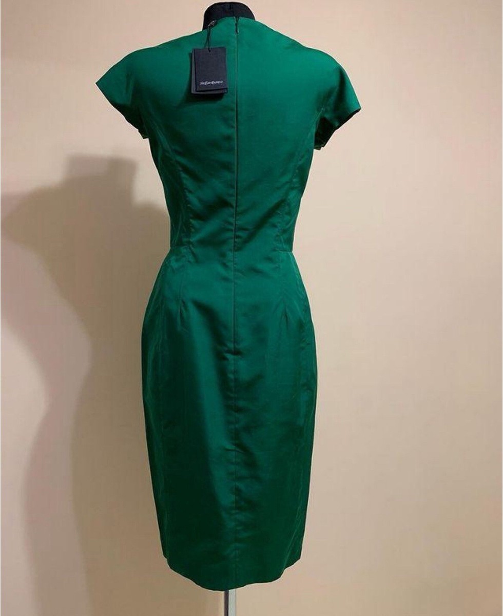 yves saint laurent green dress 1985 Yves Saint Laurent Green floral Cotton Dress w/ High Neck main image 1