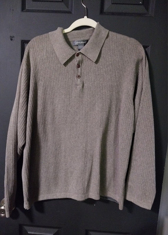 Eddie Bauer Mens Sweater sz XL Gray Textured Long Sleeve Collared 100% Cotton