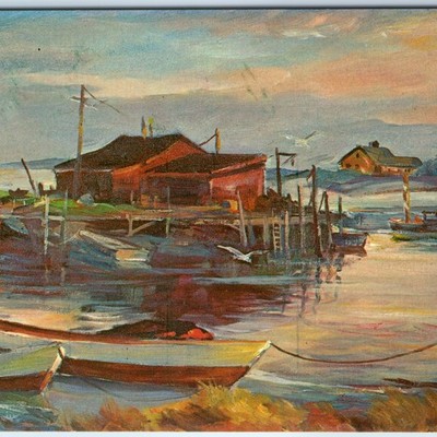 c1970s Kennebunkport ME Tide River Harbor Oil Painting Roger Deering Chrome A332