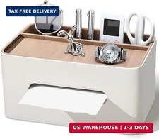 PU Leather Tissue Box Cover Rectangular with Storage Organizer, Multifunctional