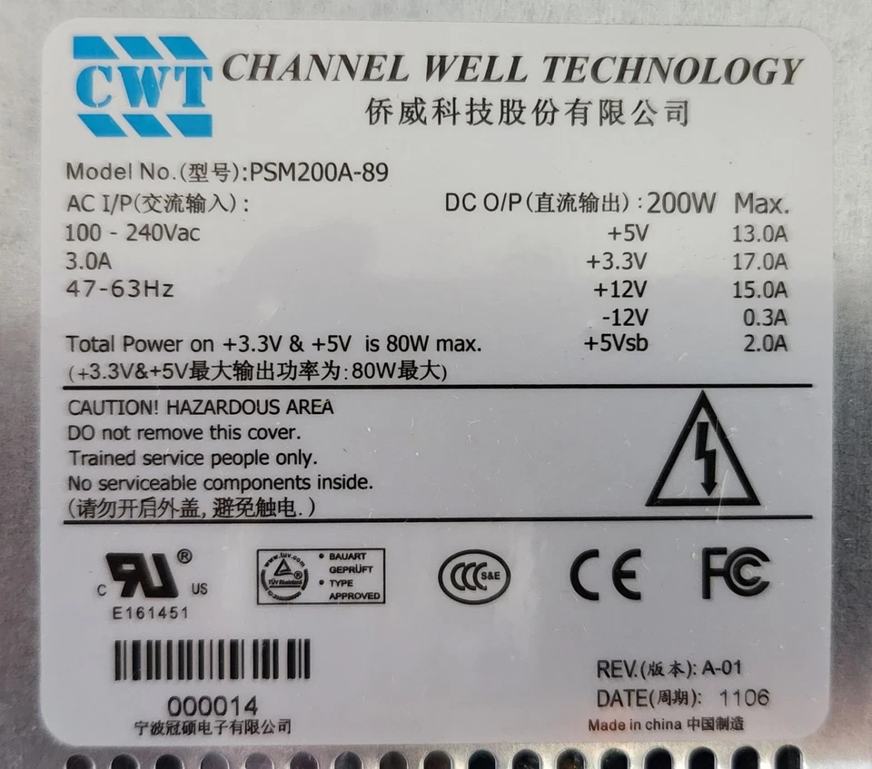 CWT CHANNEL WELL TECHNOLOGY PSM200A-89 200W Flex ATX PC Power Supply Unit PSU... - Image 2 of 4