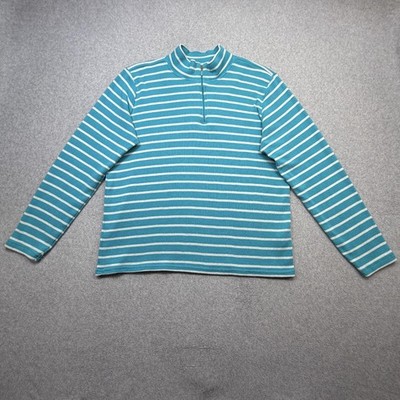 LL Bean 1/4 Zip Nautical Pullover Sweater Women XL Blue Cotton Striped Mock Neck