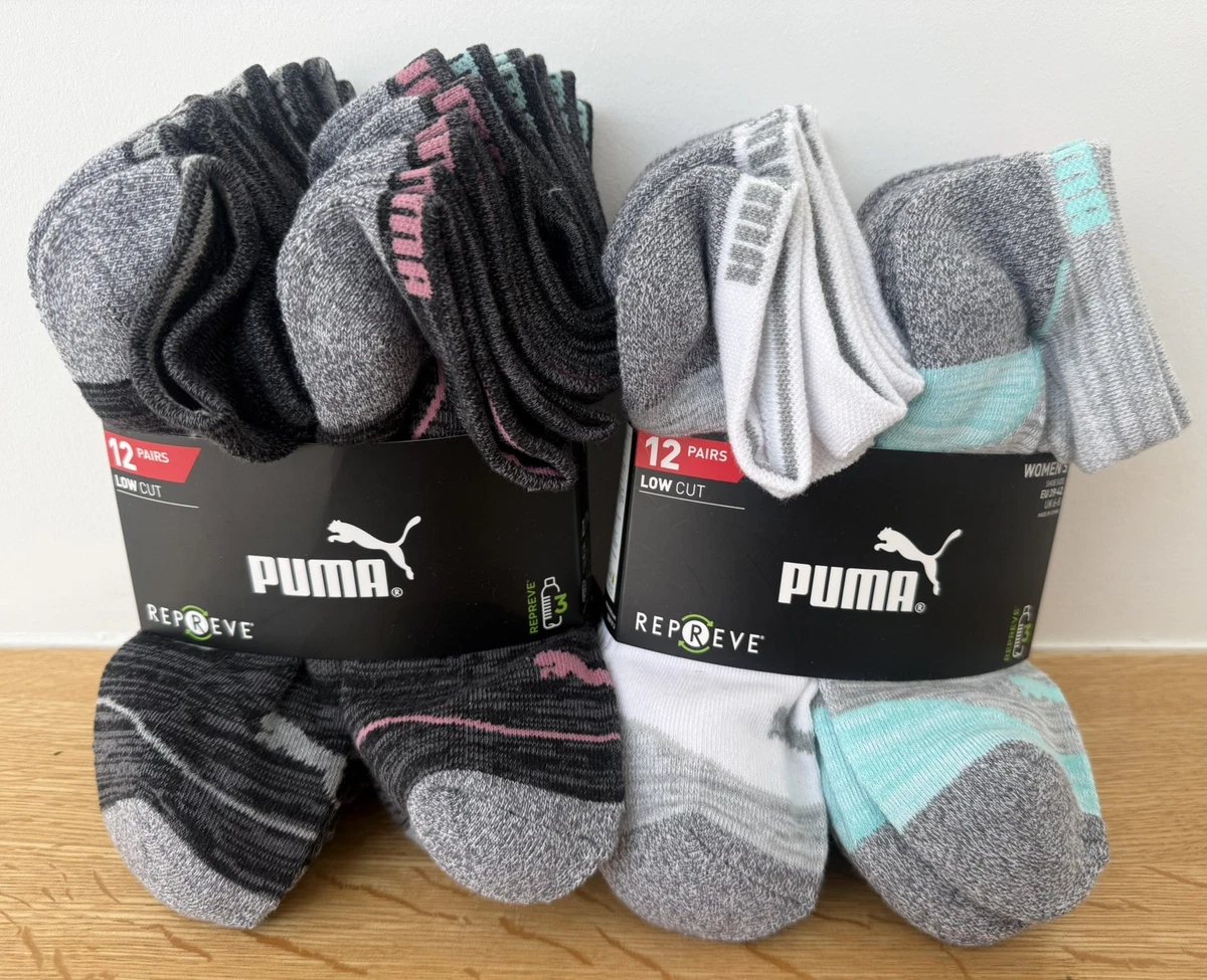2 x Puma Repreve 12 Pairs Women’s Low Cut Socks - Size UK 6-8 Light & Dark Grey