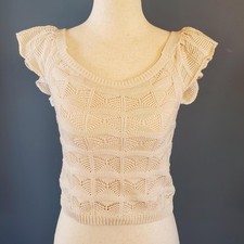 Cotton Knit Cropped Top Ruffle Sleeve Off Shoulder Adorable Cream Ivory See Thru
