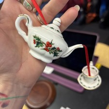 Waldman A Cup Of Christmas Tea & Teapot Christmas Ornament Fine Bone China Vtg