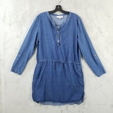 Neon Buddha Dress Women L Blue Tencel Tab Sleeve Pockets Relaxed Boho Casual