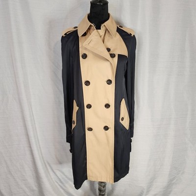 COACH Satin Combo Trench Coat Small Black Khaki Two Tone Double Breasted $595